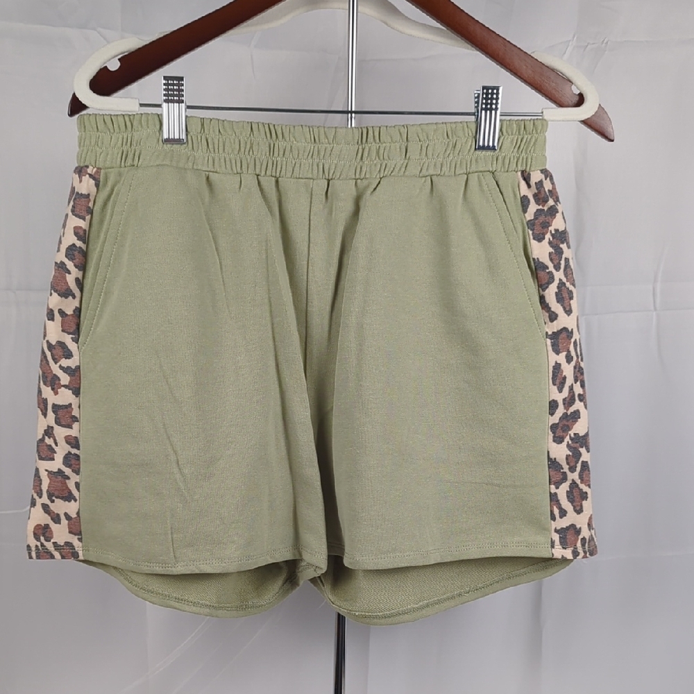 Umgee Olive and Leopard Print Athletic Shorts